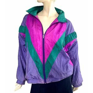 Colorful 1980s Jacket, Size L, Pink Green Purple Colorblock Lightweight Zip Up